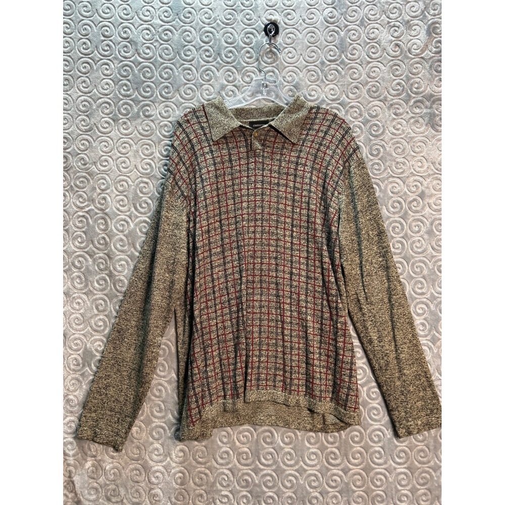 VTG Claiborne Mens Long Sleeve‎ Polo Shirt Size L Plaid Pattern